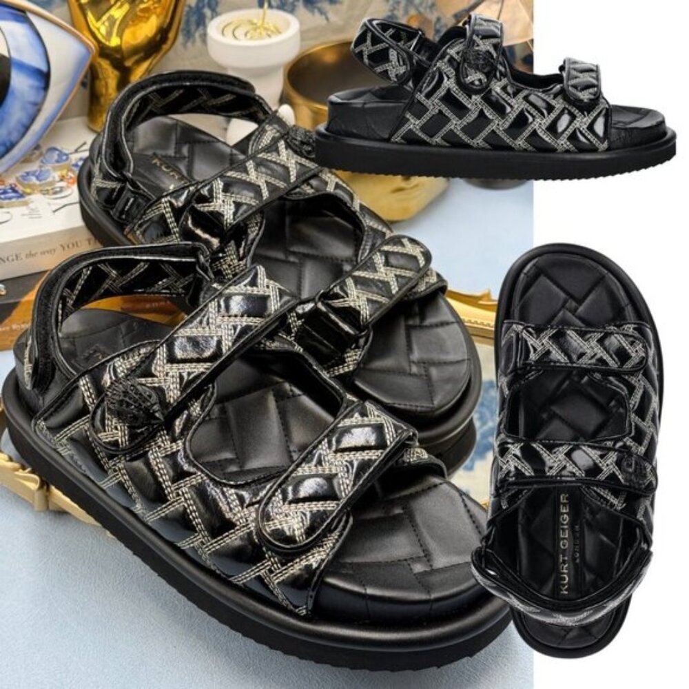 🆕 KURT GEIGER LONDON 🧿 NWOB Orson Patent Quilted Dad Sandals Sz EU38 US 7.5